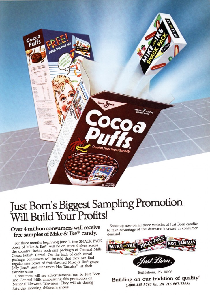 Cocoa Puffs with free Mike and Ike candy - advertisement from 1987