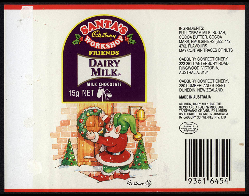 New Zealand - Cadbury - Santa's Workshop Dairy Milk - Festive Elf - chocolate bar wrapper - 1990's