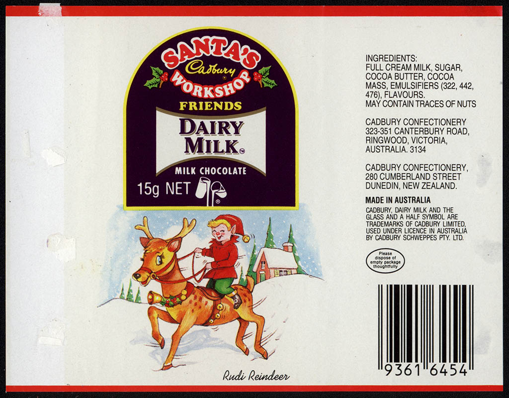 New Zealand - Cadbury - Santa's Workshop Dairy Milk - Rudi Reindeer - chocolate bar wrapper - 1990's