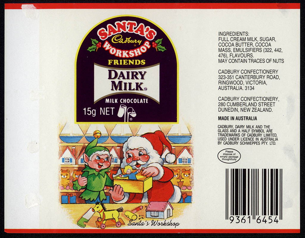 New Zealand - Cadbury - Santa's Workshop Dairy Milk - Santa's Workshop - chocolate bar wrapper - 1990's