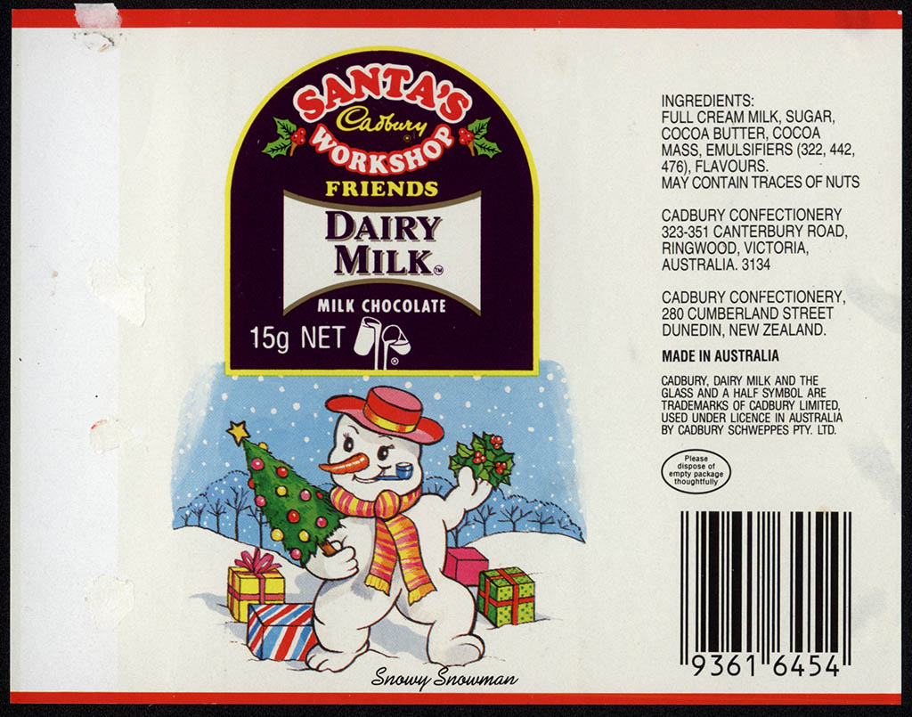 New Zealand - Cadbury - Santa's Workshop Dairy Milk - Snowy Snowman - chocolate bar wrapper - 1990's