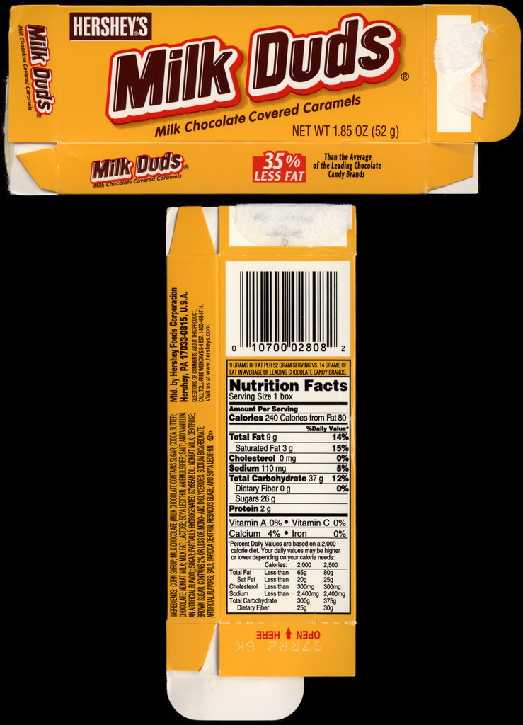 Hershey's - Milk Duds - 35-percent less fat - 1.85 oz candy box - 2011