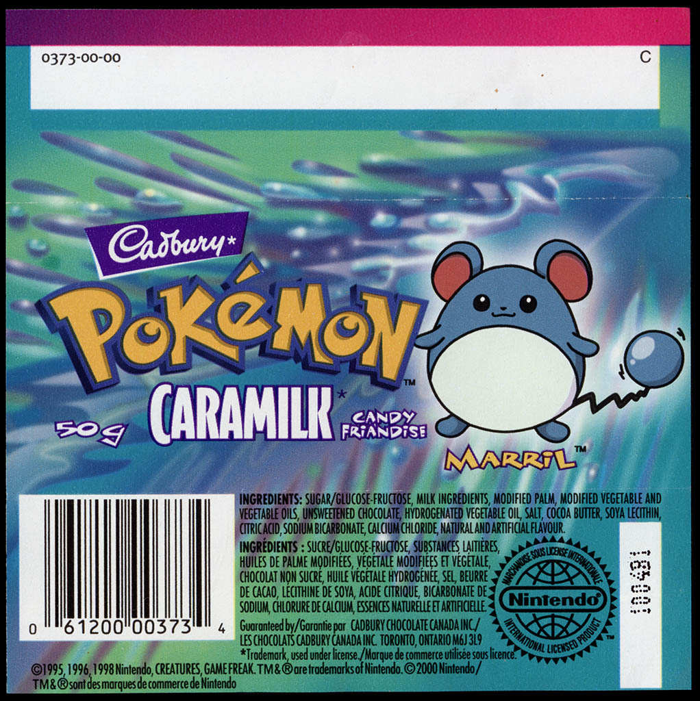 Canada - Cadbury Caramilk - Pokemon - Marril - chocolate candy wrapper back - 2000