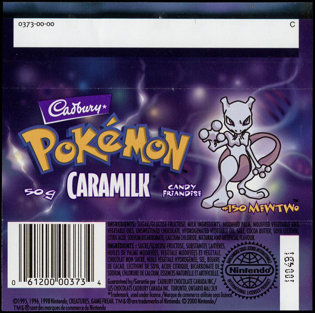 Canada - Cadbury Caramilk - Pokemon - Mewtwo #150 - chocolate candy wrapper back - 2000