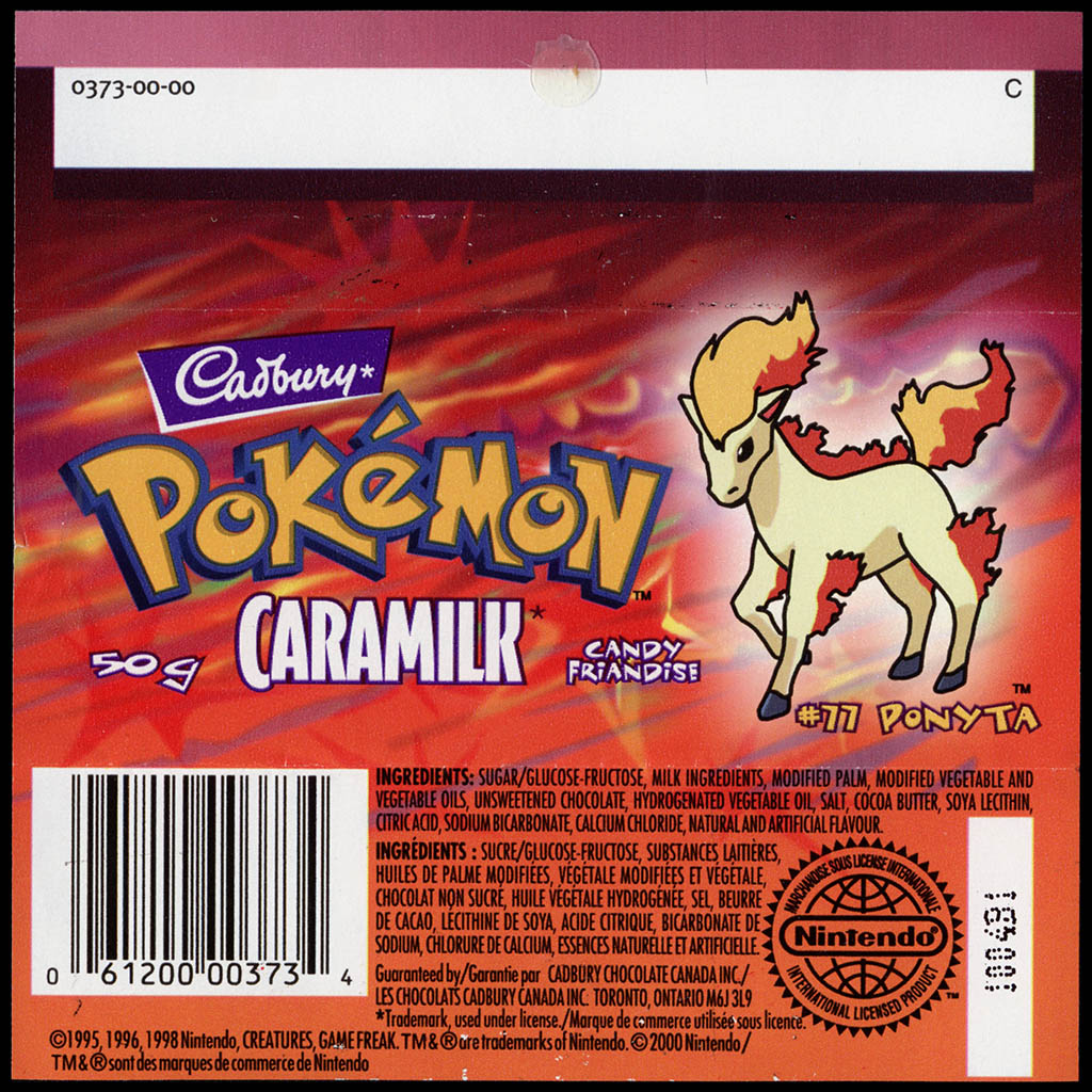 Canada - Cadbury Caramilk - Pokemon - Ponyta #77 - chocolate candy wrapper back - 2000