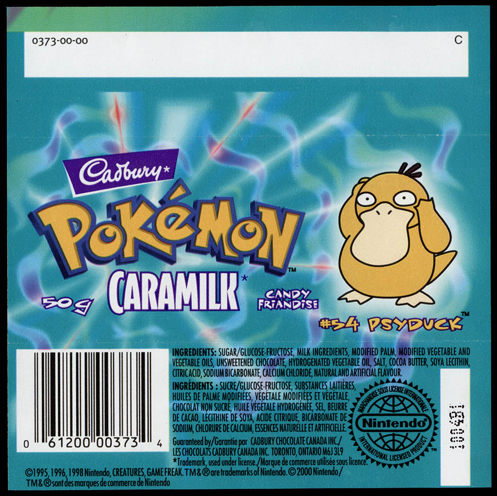 Canada - Cadbury Caramilk - Pokemon - Psyduck #54 - chocolate candy wrapper back - 2000