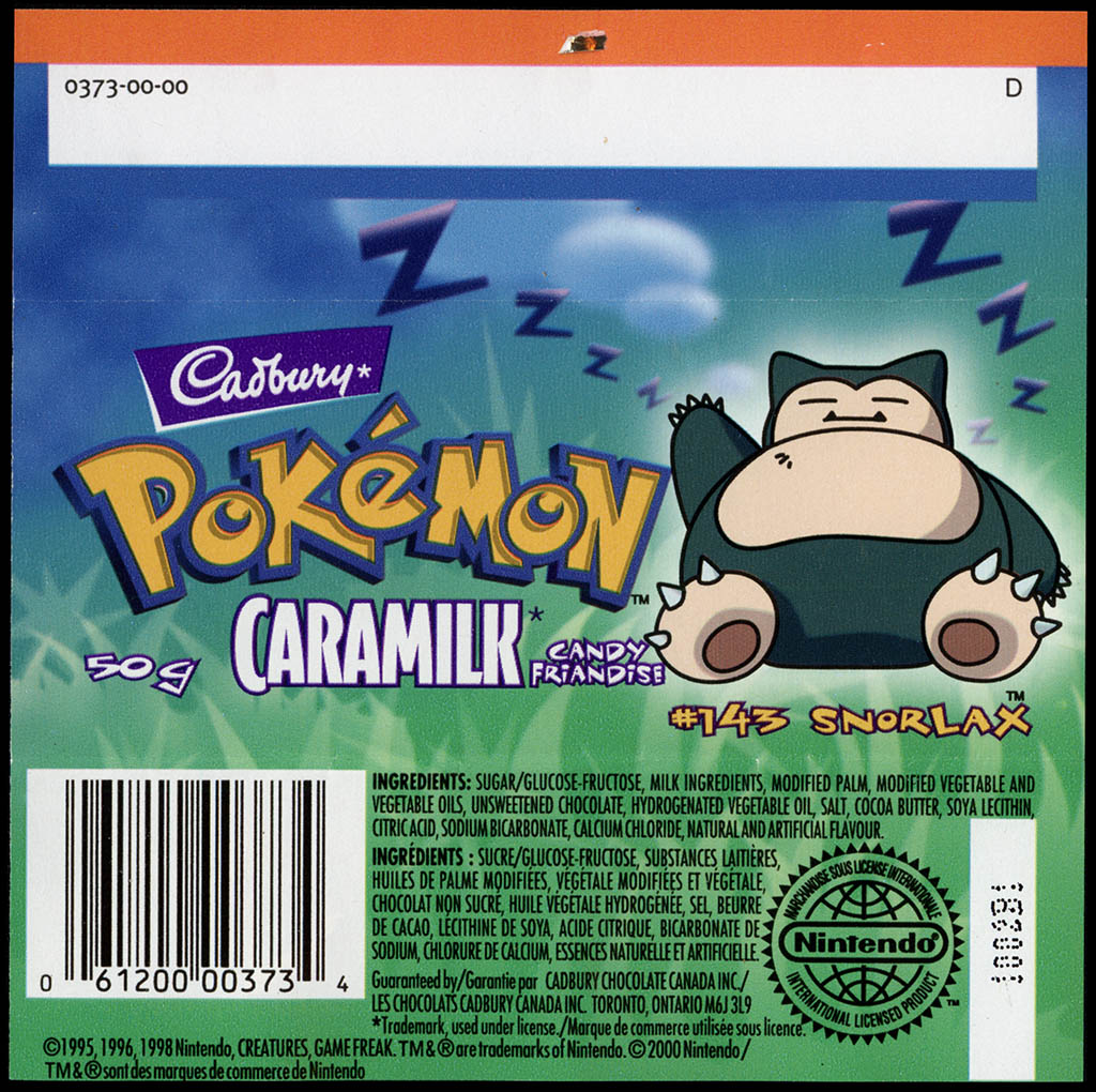 Canada - Cadbury Caramilk - Pokemon - Snorlax #143 - chocolate candy wrapper back - 2000