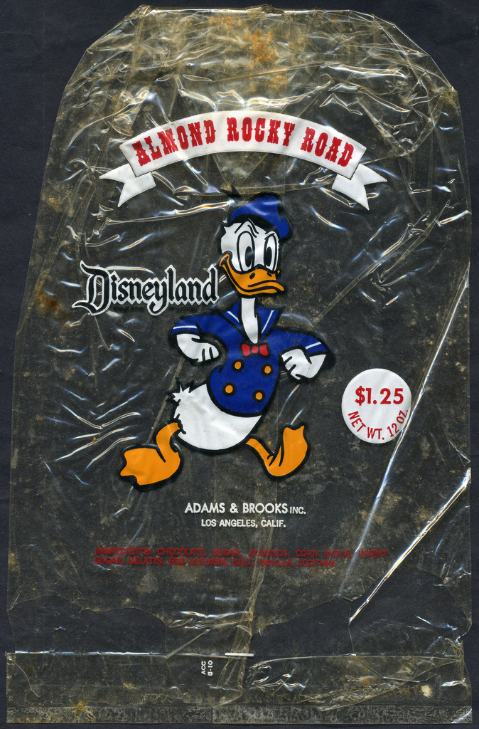 Disneyland - Almond Rocky Road candy package - Donald Duck - Adams & Brooks - wrapper - 1970's