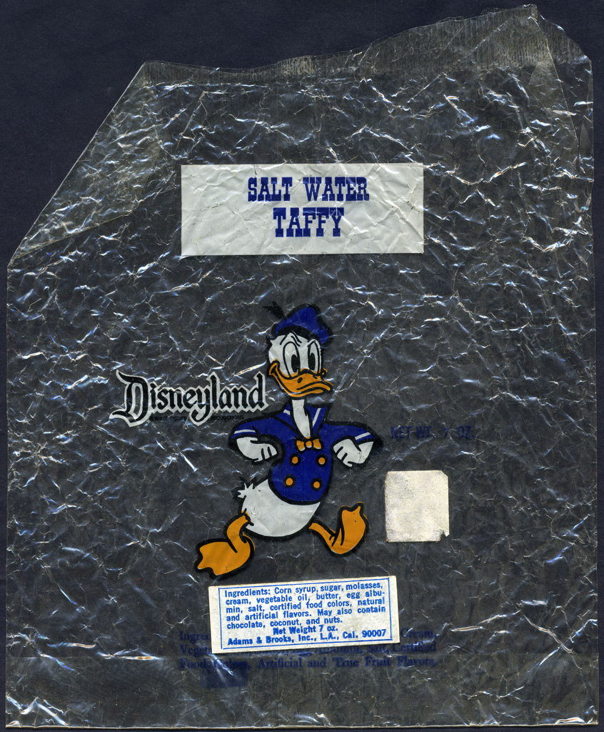 Disneyland - Salt Water Taffy candy package - Donald Duck - Adams & Brooks - wrapper - 1970's