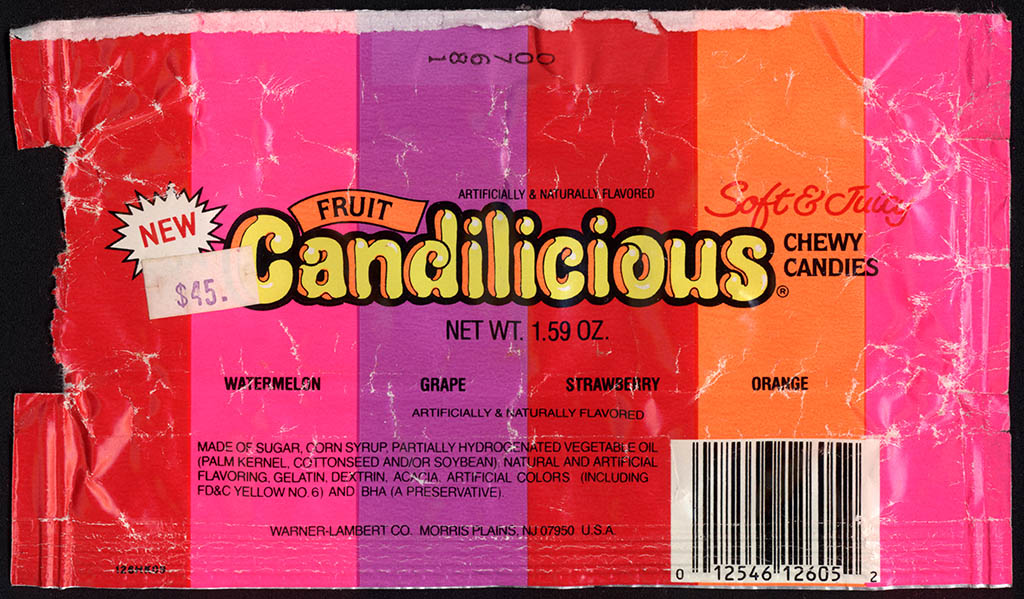 Warner-Lambert - Candilicious -NEW- chewy candies - candy package - 1988