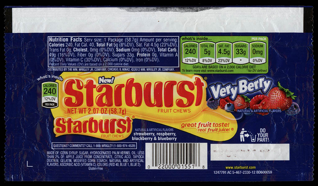 Wrigley - Starburst - Very Berry - New - foil candy package wrapper - January 2013