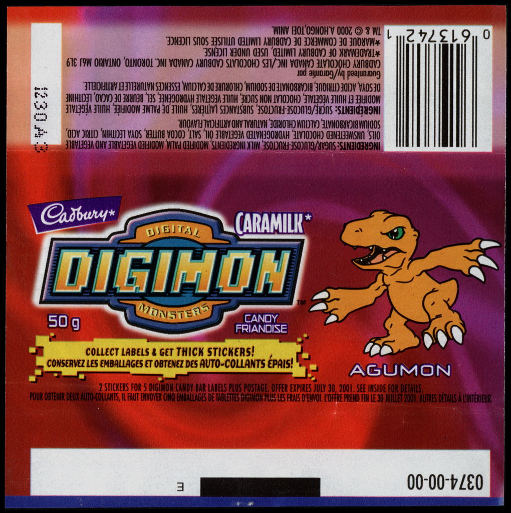 Canada - Cadbury Caramilk - Digimon - Agumon - chocolate candy wrapper - 2000