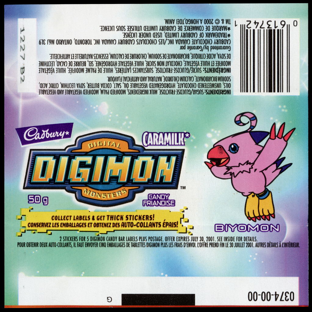 Canada - Cadbury Caramilk - Digimon - Biyomon - chocolate candy wrapper - 2000