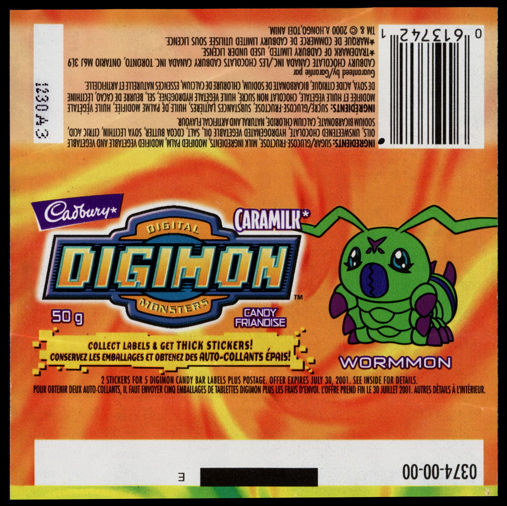 Canada - Cadbury Caramilk - Digimon - Wormmon - chocolate candy wrapper - 2000
