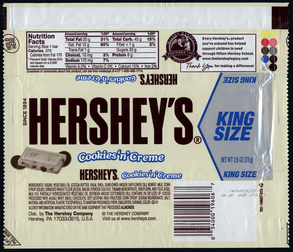Hershey - Hershey's Cookies N Creme - King Size - candy package wrapper - 2012