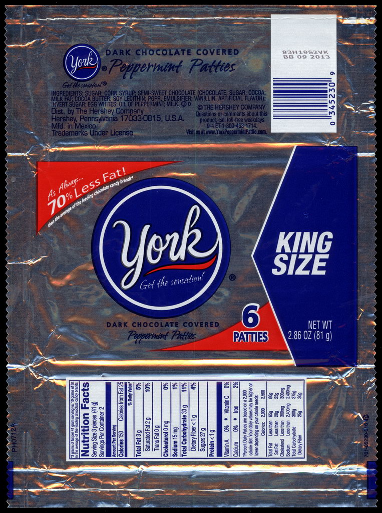 Hershey - York Peppermint Patties - King Size - candy package wrapper - 2012