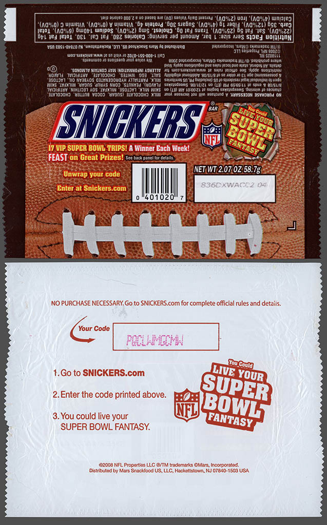 Mars - Snickers - Live Your Superbowl Fantasy - chocolate candy bar wrapper - 2008
