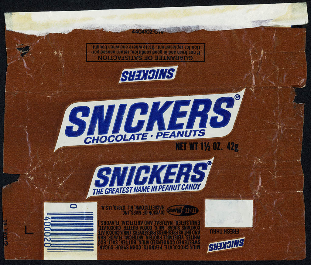 Mars - Snickers - chocolate candy bar wrapper - circa 1976