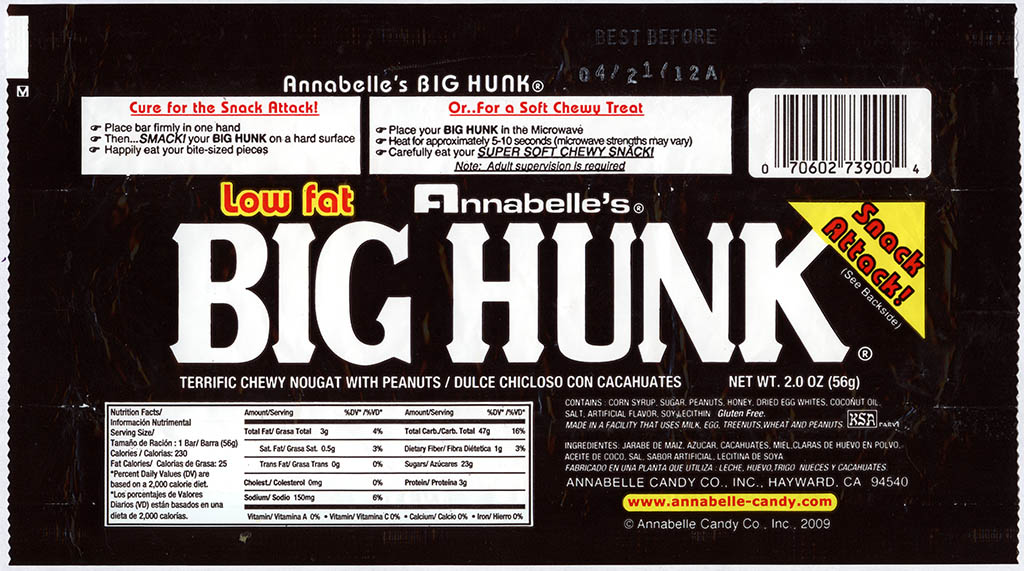 Annabelle's - Big Hunk - candy bar wrapper - 2011