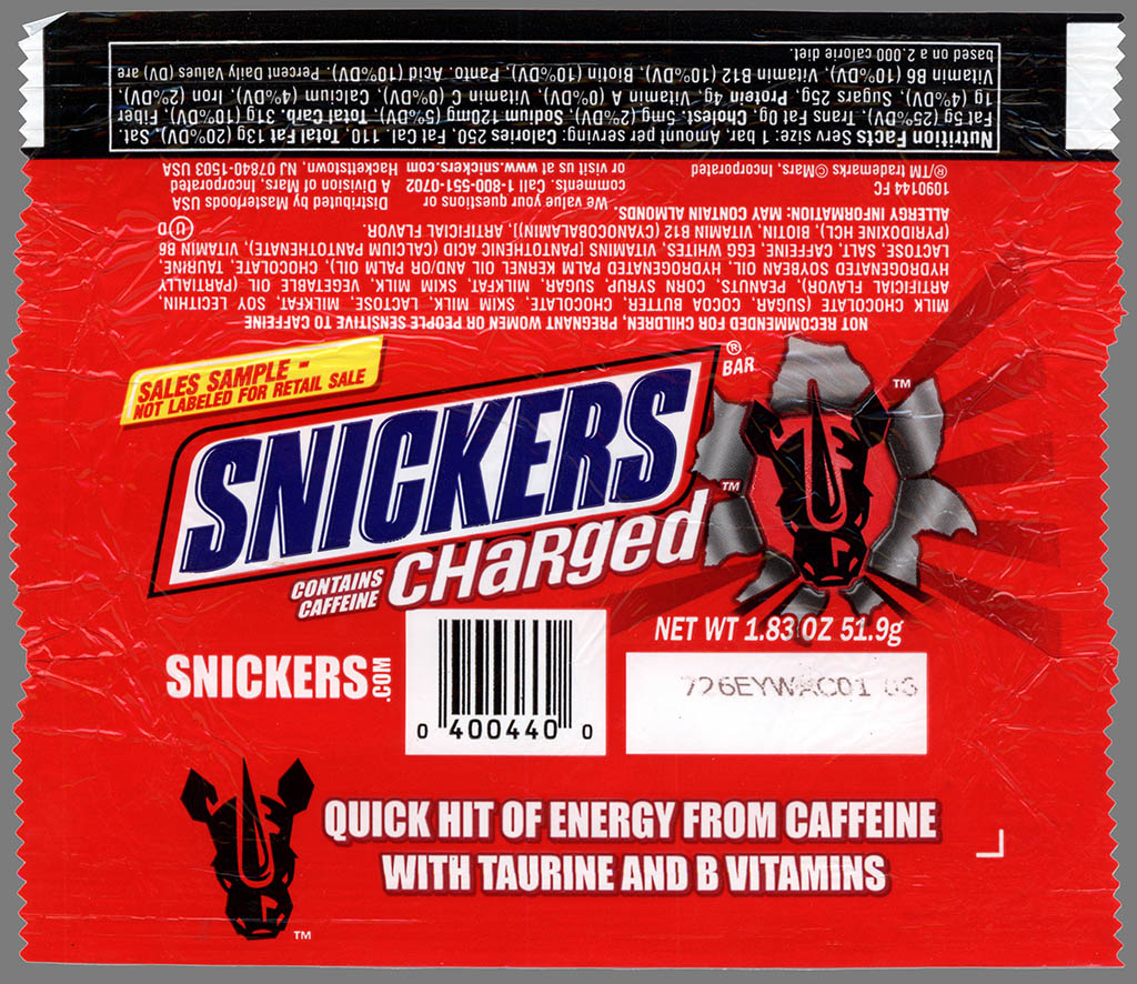 Mars - Snickers Charged - caffinated candy bar - sales sample red wrapper - 2007