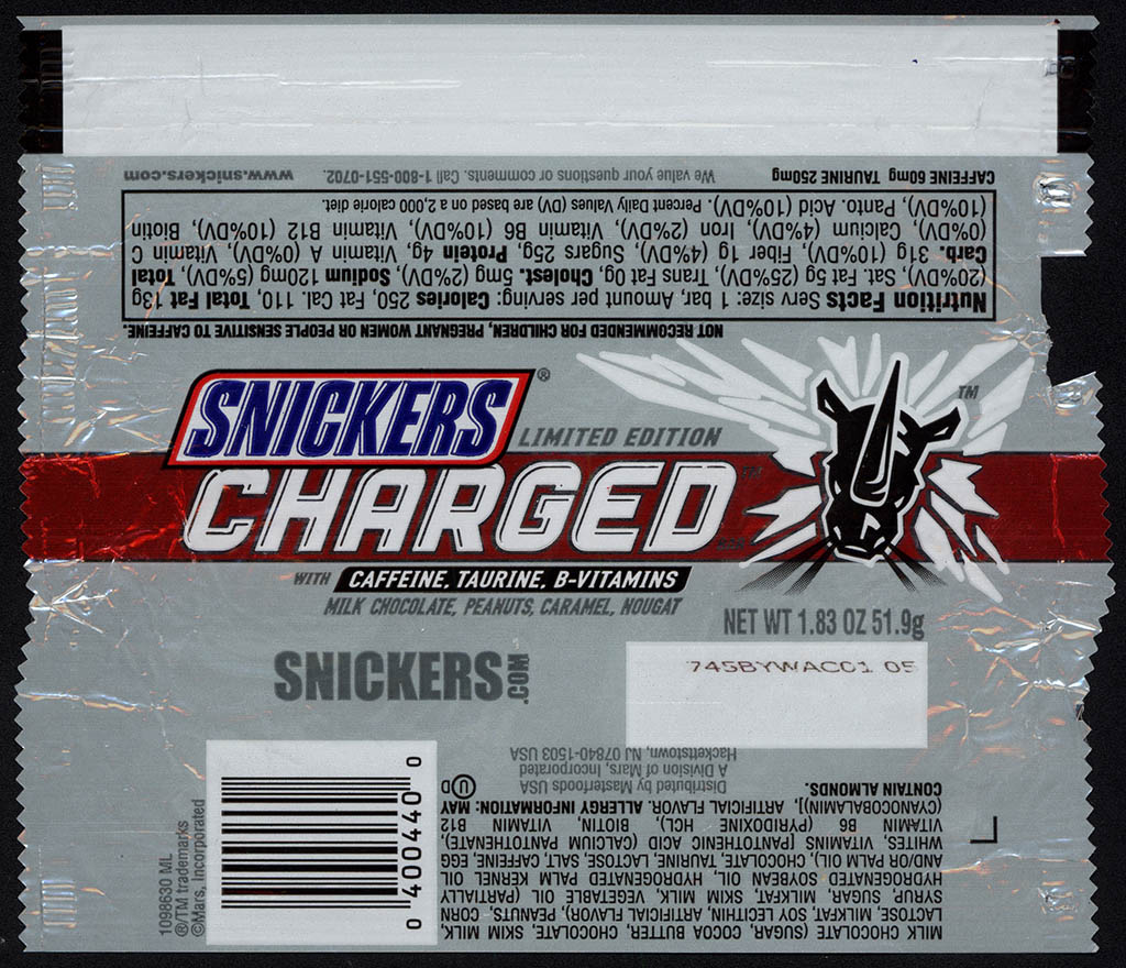 Mars - Snickers Charged - caffinated candy bar wrapper - 2008
