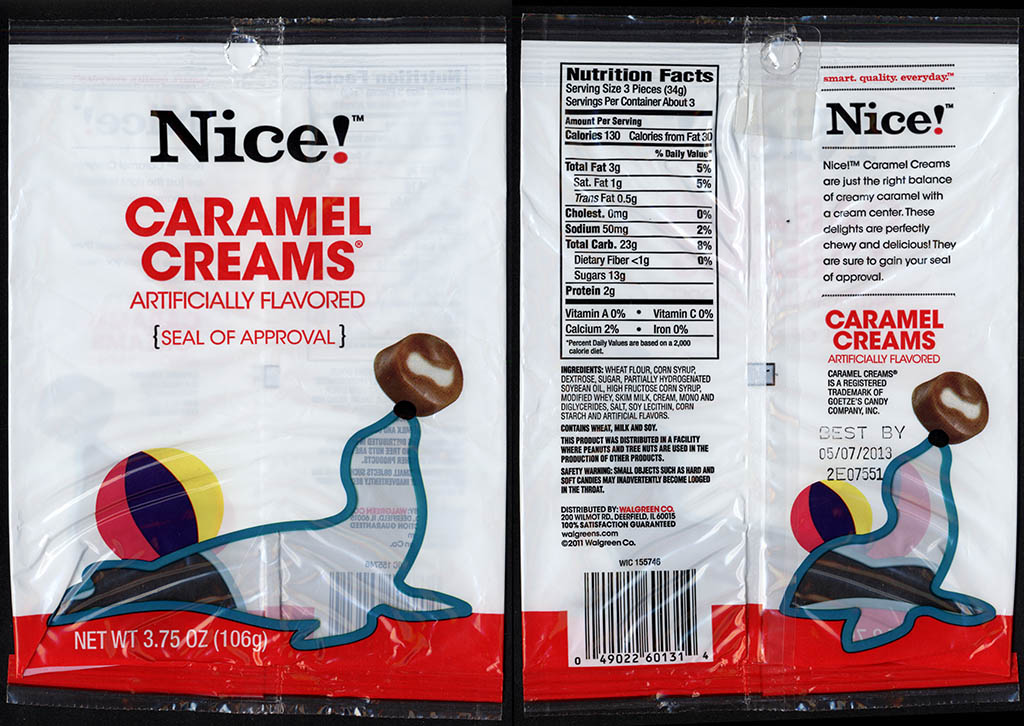 Walgreens Nice! - Caramel Creams - candy package - 2012