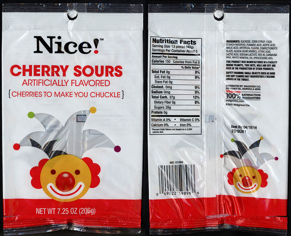Walgreens Nice! - Cherry Sours - candy package - 2012
