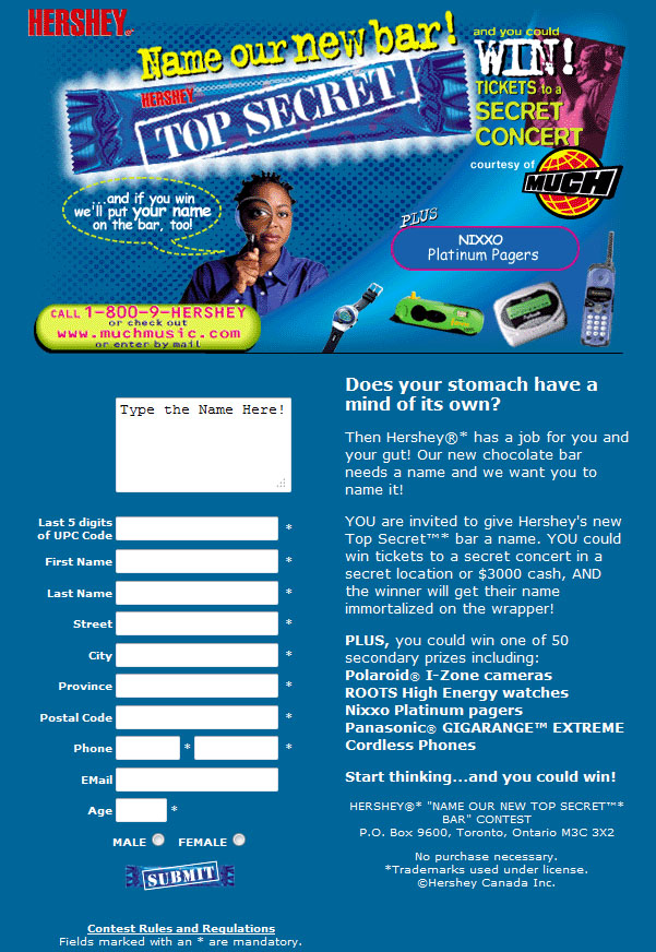 MuchMusic webpage for Hershey Top Secret promotion - May 2000