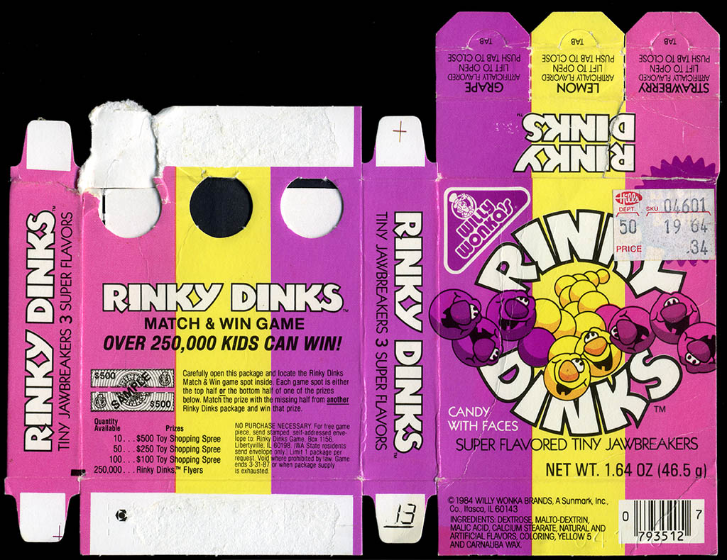 Sunmark - Willy Wonka's - Rinky Dinks candy box - Match and Win Shopping Spree contest - 1986