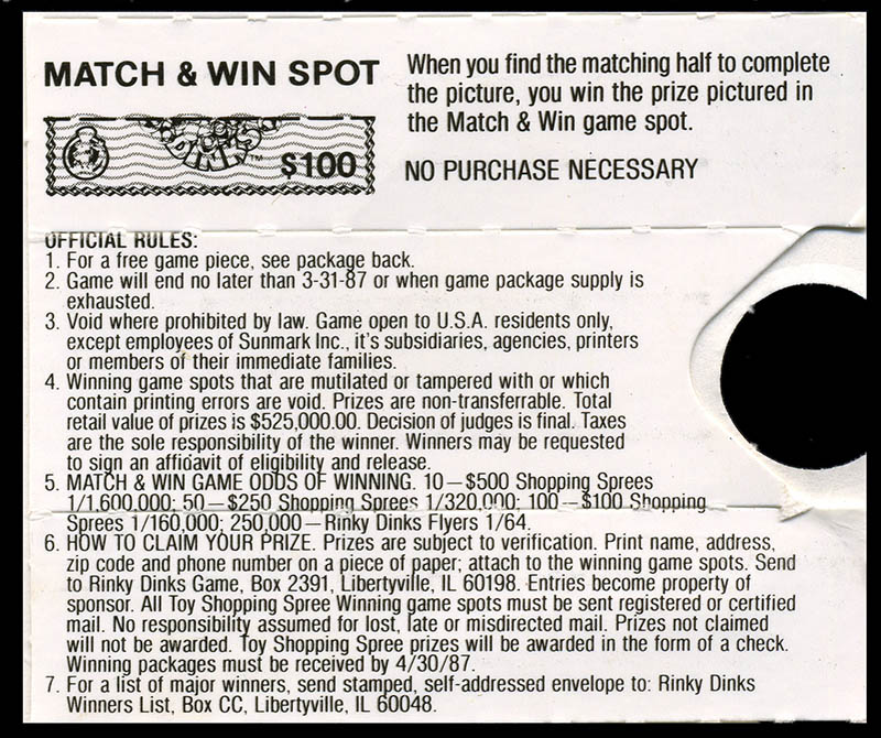 Sunmark - Willy Wonka's - Rinky Dinks candy box - Match and Win Shopping Spree contest rules insert - 1986