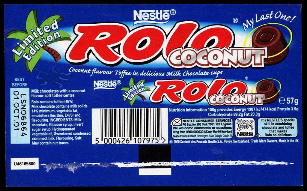 UK - Nestle Rolo Coconut - Limited Edition - candy roll wrapper - 2001