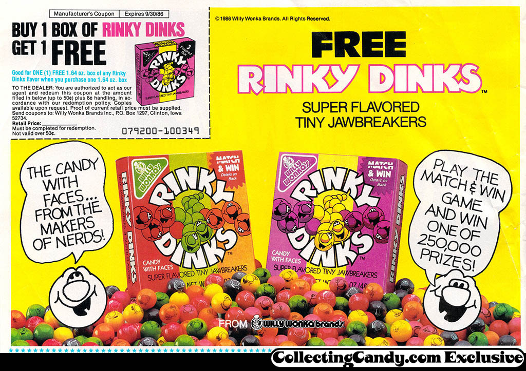 Willy Wonka Brands - Rinky Dinks Match & Win Game - newspaper circular advertisement - 1986