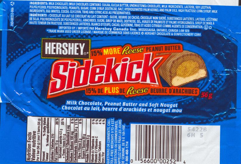 Canada - Hershey - Sidekick - 15-percent more Reese's peanut butter - candy bar wrapper - mid-2000's - Mike's Candy Wrappers
