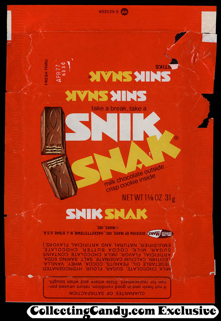 M&M Mars - Snik Snak - chocolate candy bar wrapper - 1977