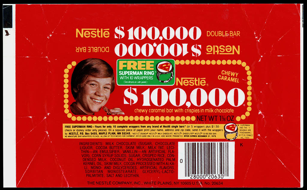 Nestle - $100,000 chocolate bar wrapper - Superman Ring mail-away offer - 1979