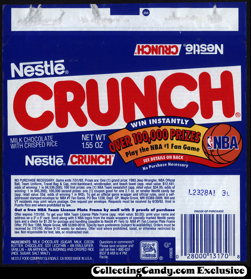 Nestle - Crunch - NBA Number 1 Fan instant win game - chocolate candy bar wrapper - 1993