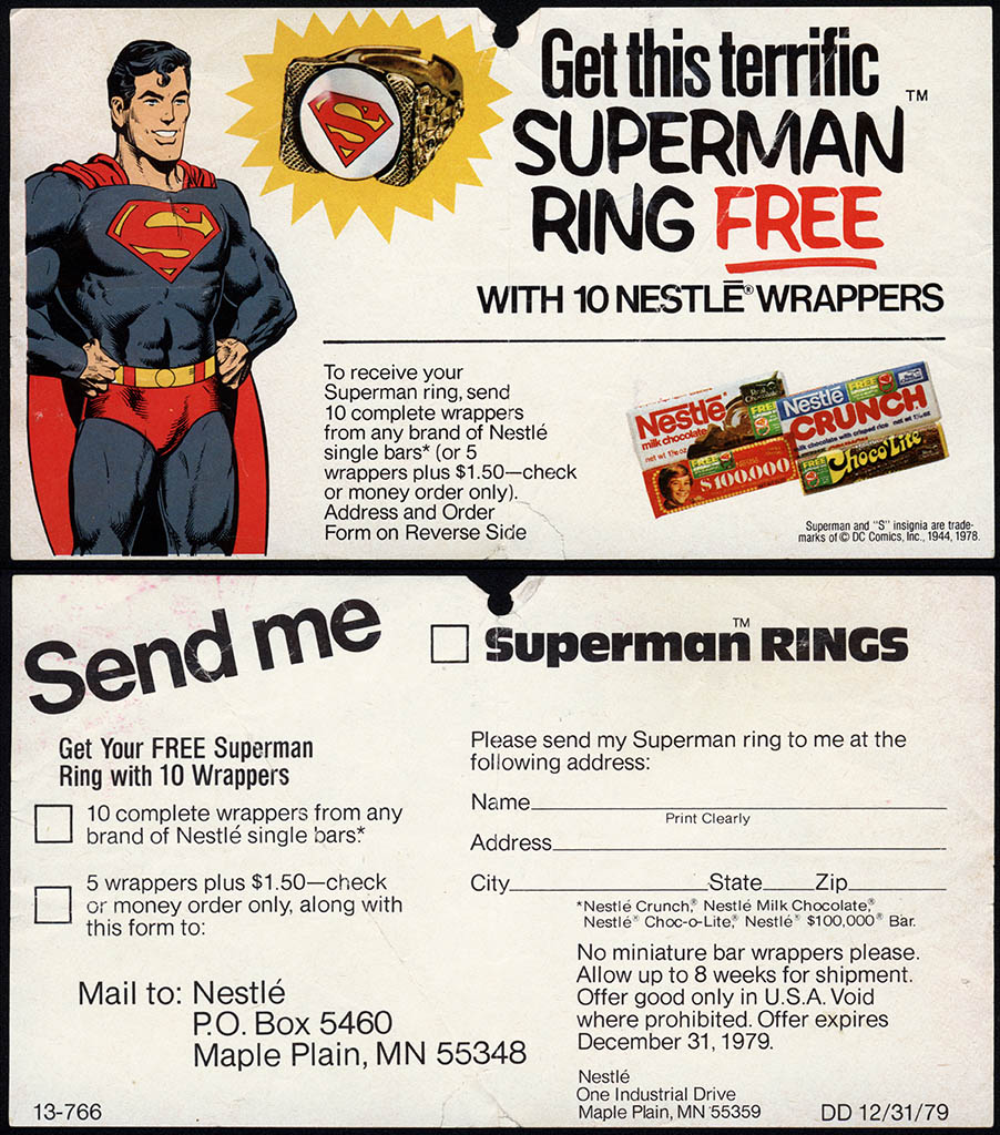 Nestle - candy bar mail-away Superman Ring offer coupon-flyer - 1979