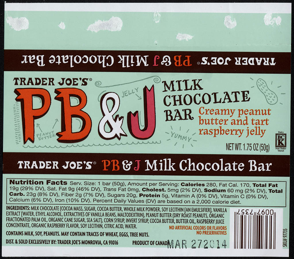 Trader Joe's PB&J milk chocolate bar - candy bar wrapper - July 2013