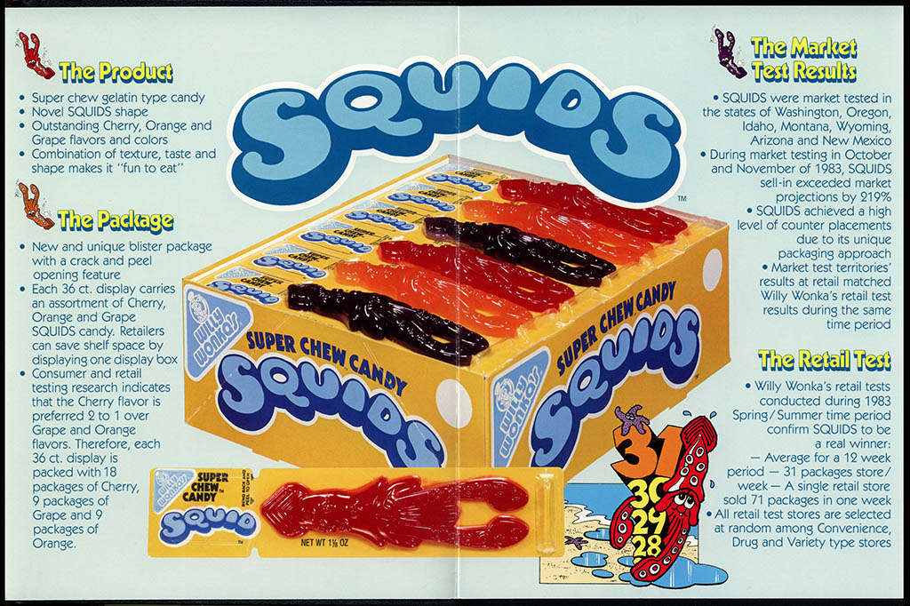 Willy Wonka - Squids gummy candy - promotional brochure page 02-03 - 1984