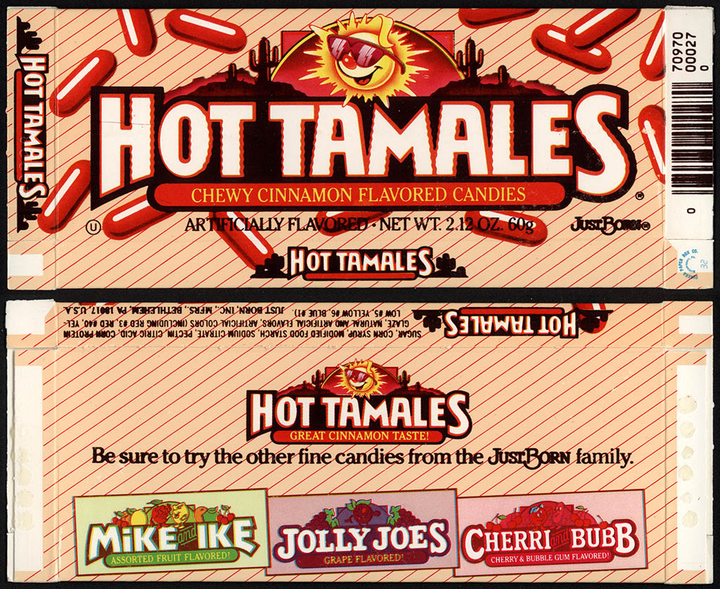 Just Born - Hot Tamales - 2_12 oz candy box - Cherri Bubb back - 1989-1990