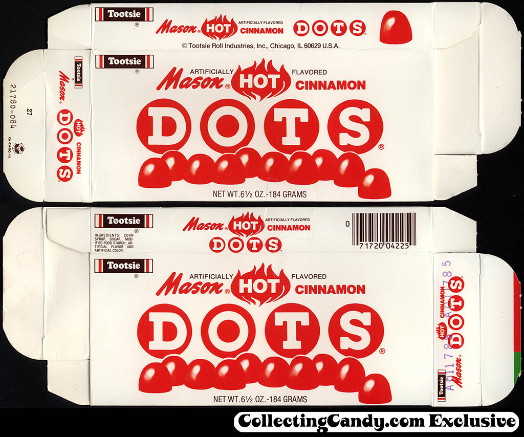 Tootsie Roll Industries - Mason HOT Cinnamon DOTS - 6 1/2 oz candy box - 1980's