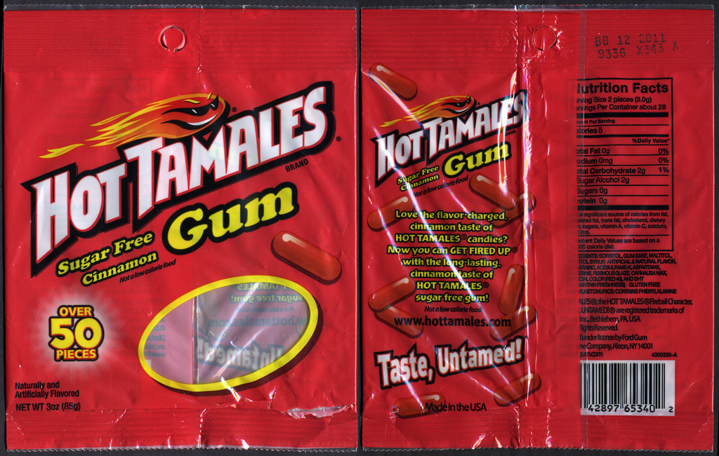 Ford Gum - Just Born - Hot Tamales sugar free cinnamon flavored gum package - 2009