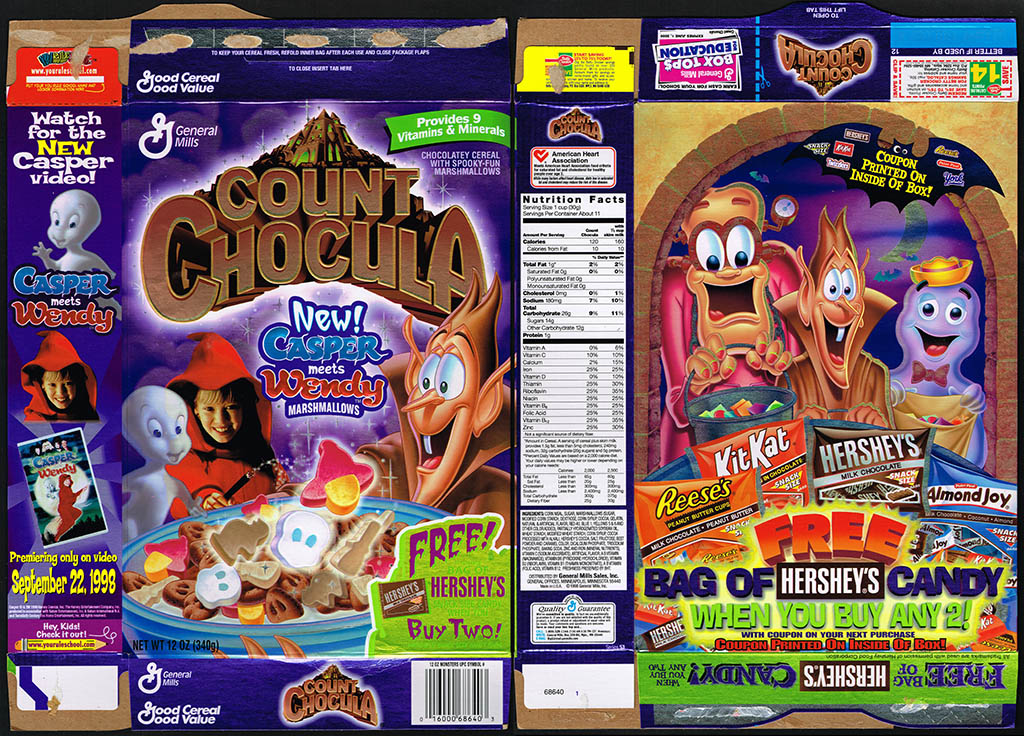 General Mills - Count Chocula - Casper Meets Wendy - Free Bag of Hershey Candy - cereal box - 1998
