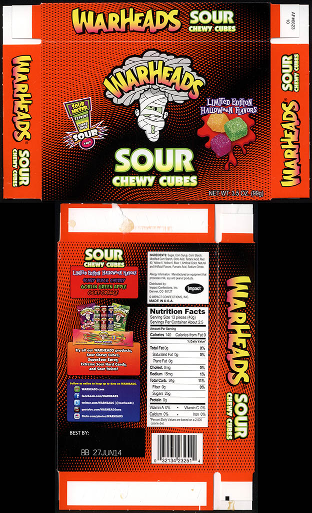 Impact Confections - Warheads Sour Chewy Cubes - Limited Edition Halloween Flavors - 3.5 oz candy box - 2013