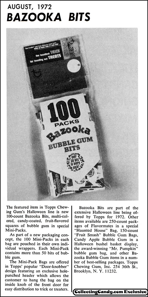 Topps - Halloween Bazooka Bits Door-Knobber bubble gum poly bag package - trade clipping - August 1972
