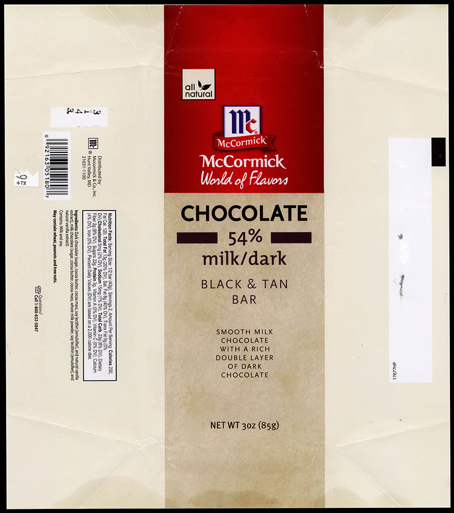 McCormick World of Flavors - Black & Tan Bar - 54-percent milk-dark - chocolate candy bar wrapper - 2013