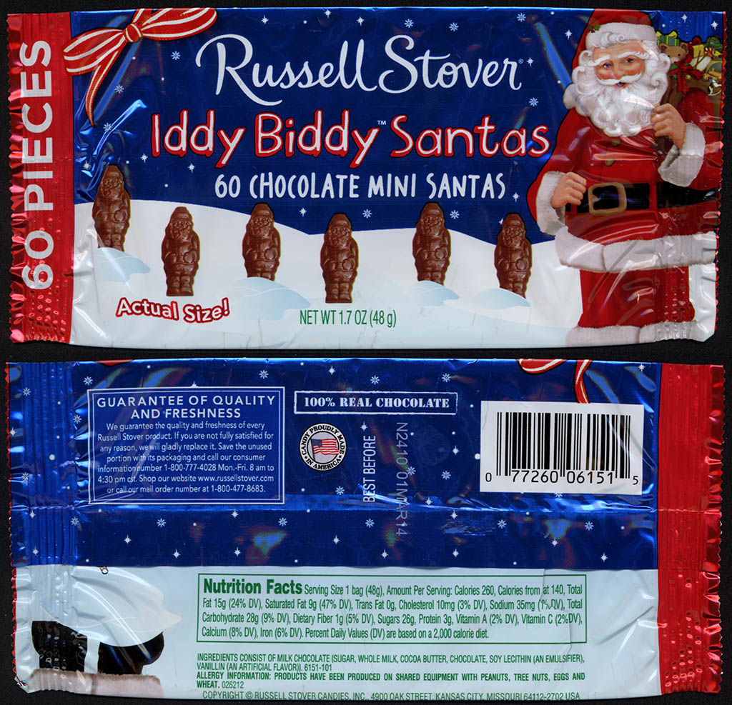 Russell Stover - Iddy Biddy Santas -1.7 oz foil Christmas candy package - 2013