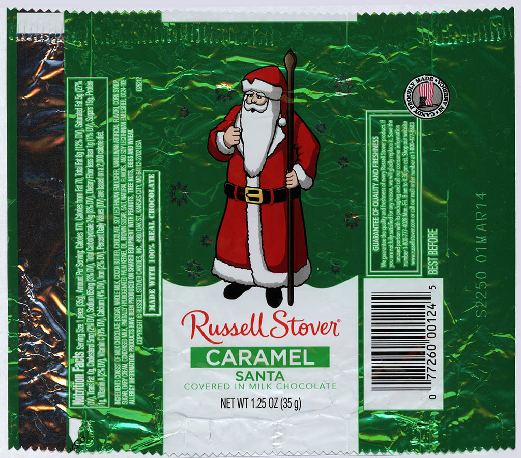 Russell Stover - Santa - Caramel - foil Christmas candy wrapper - 2013
