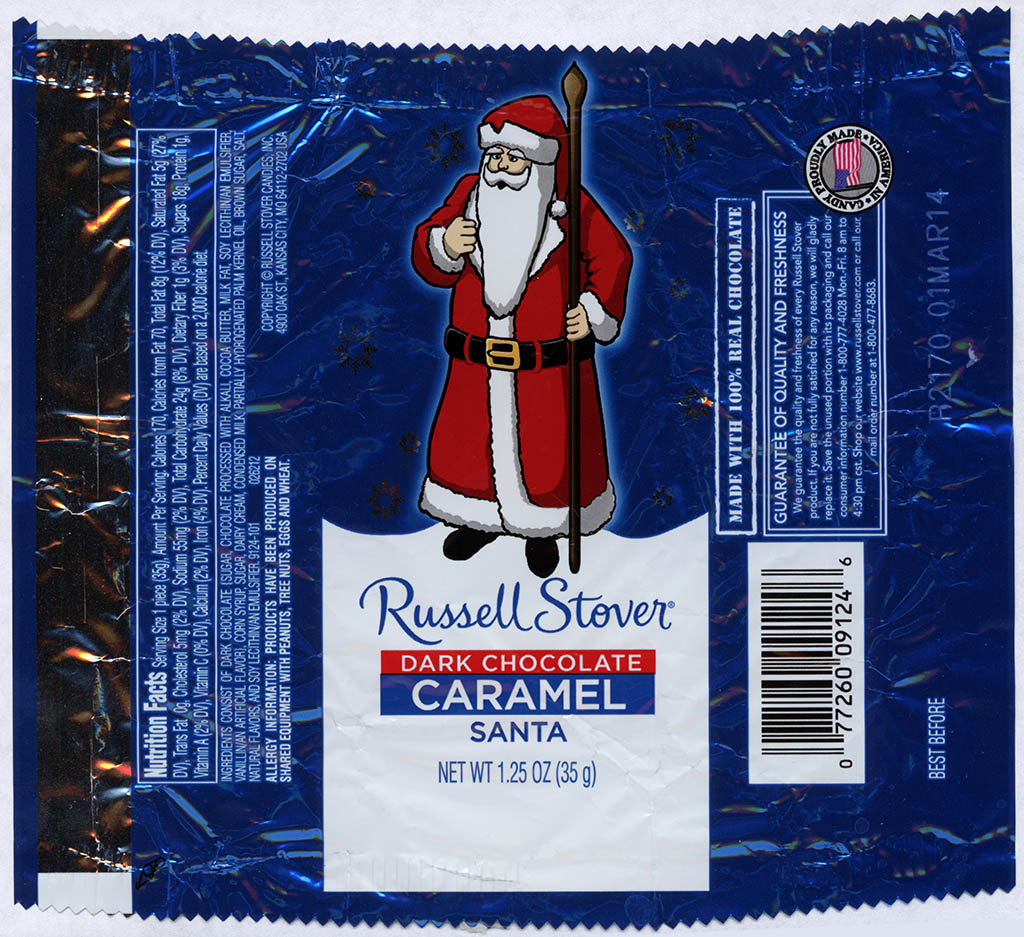 Russell Stover - Santa - Dark Chocolate & Caramel - foil Christmas candy wrapper - 2013
