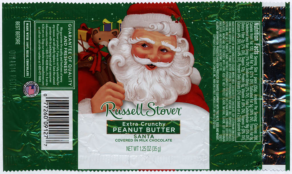 Russell Stover - Santa - Extra Crunchy Peanut Butter - foil Christmas candy wrapper - 2013